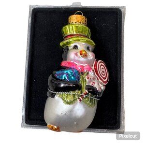 Vintage Old World Glass Snowman Christmas Ornament Gift & Candy Cane 4" Swirl